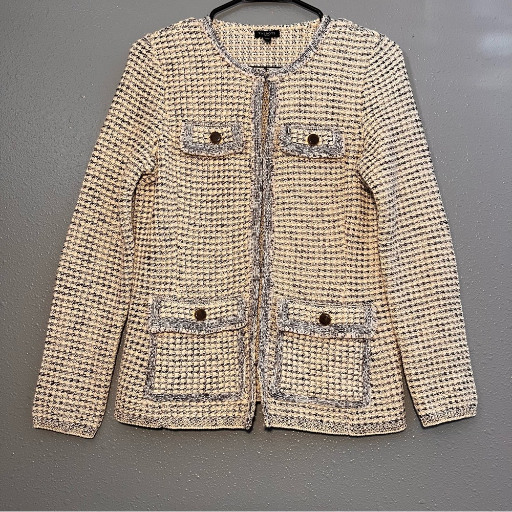 Talbots Petite Size Small Cream Shimmery Woven Jacket Extra Button Hook Latch